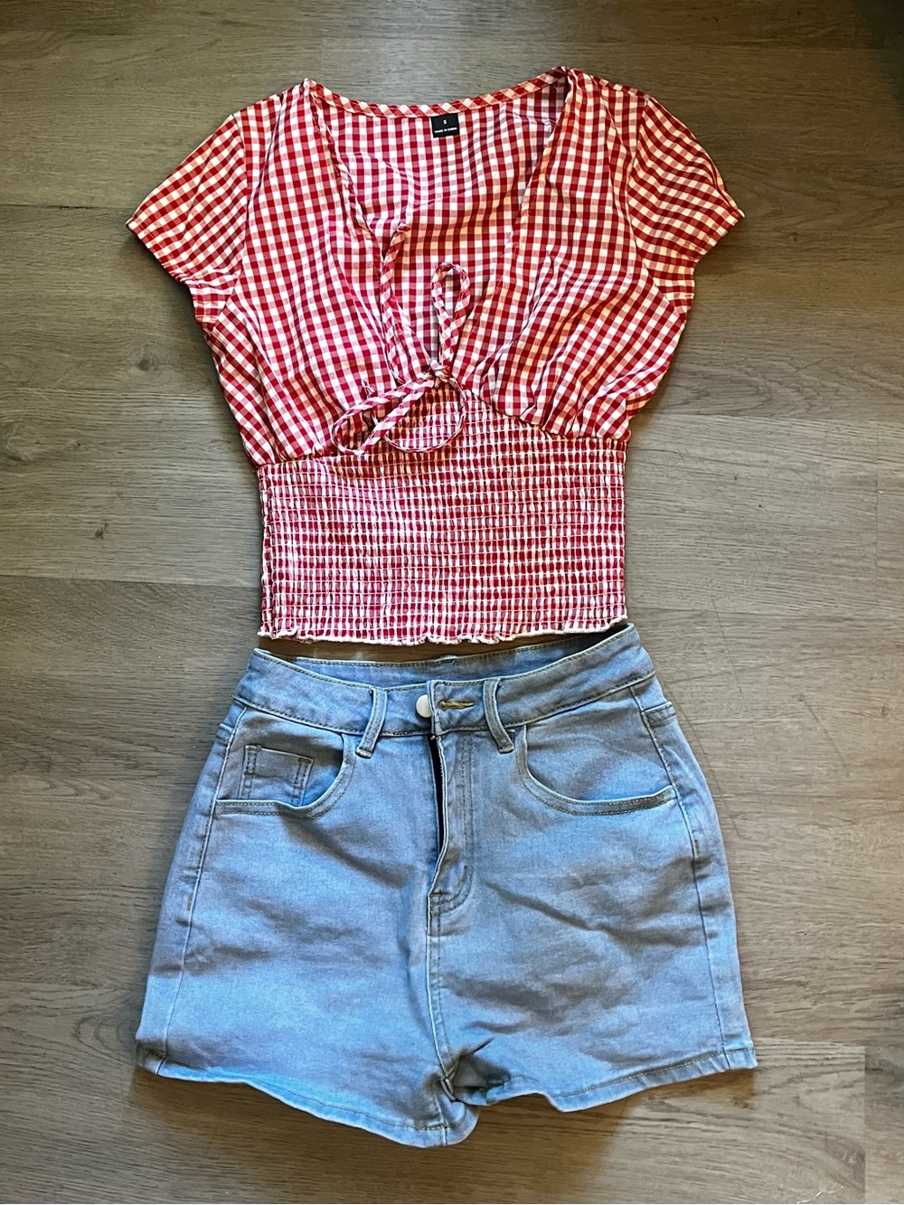 Size small Red Gingham Tie-Front Smocked Crop Top and daisy duke shorts